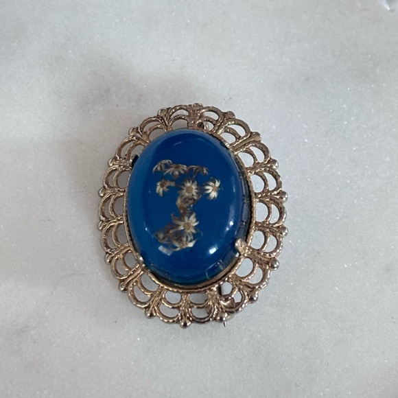 Jewelry - Vintage Blue Brooch with Gold Floral Design